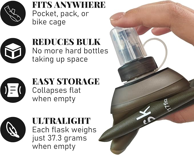 2Pcs 500ml Soft Flask, TPU Collapsible Soft Water Bottle for Hydration Pack, Running Vest, Leak-Proof Folding Water Bottle for Hiking Cycling Climbing Jogging- Grey