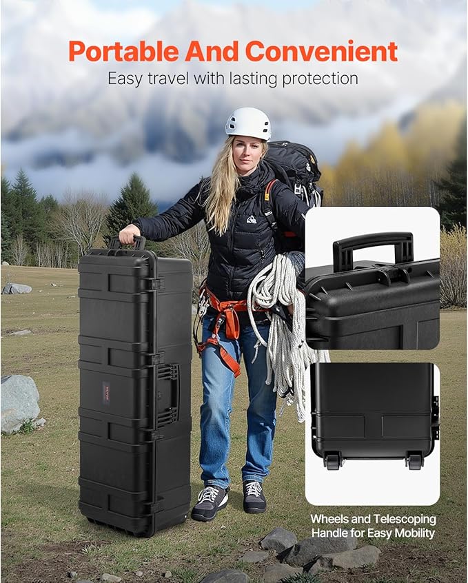 VEVOR Weatherproof Hard Case, Heavy Duty Protective Dry Box Case with Pre-Cut Foam Retractable Pull Handles for Travel, Hunt, Military, Tactical, IP67 Waterproof Case for Cameras(44.09*15.94*13.46)