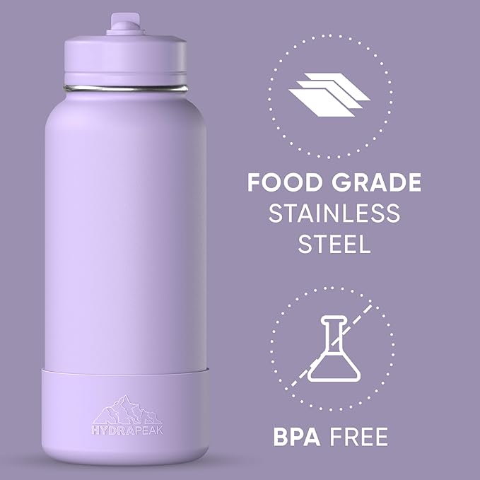 Hydrapeak 32oz Sport Insulated Water Bottle with Straw & Chug Lid, Leak & Spill Proof, Keeps Drinks Cold for 24 Hours, Hot for 12 Hours, Premium Stainless Steel Water Bottles (32oz, Digital Lavender)