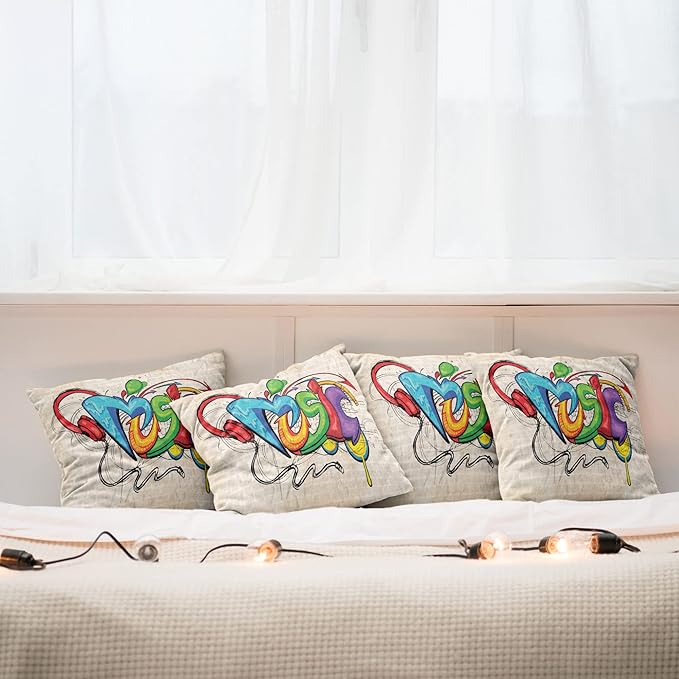 Ambesonne Music Throw Pillow Cushion Case Pack of 4, Illustration of Graffiti Style Lettering Headphones Hip Hop Theme on Beige Bricks, Modern Accent Double-Sided Digital Printing, 16", Tan Green