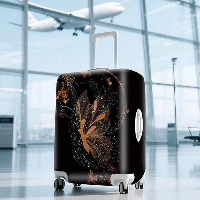 ANNA QUEEN Gold Butterfly Travel Luggage Cover -Stretchable Airplane Suitcase Protector Sleeve,Universal Washable Fit for 20-26 Inch Checked Baggage,Water Resistant Durable Luggage Protector