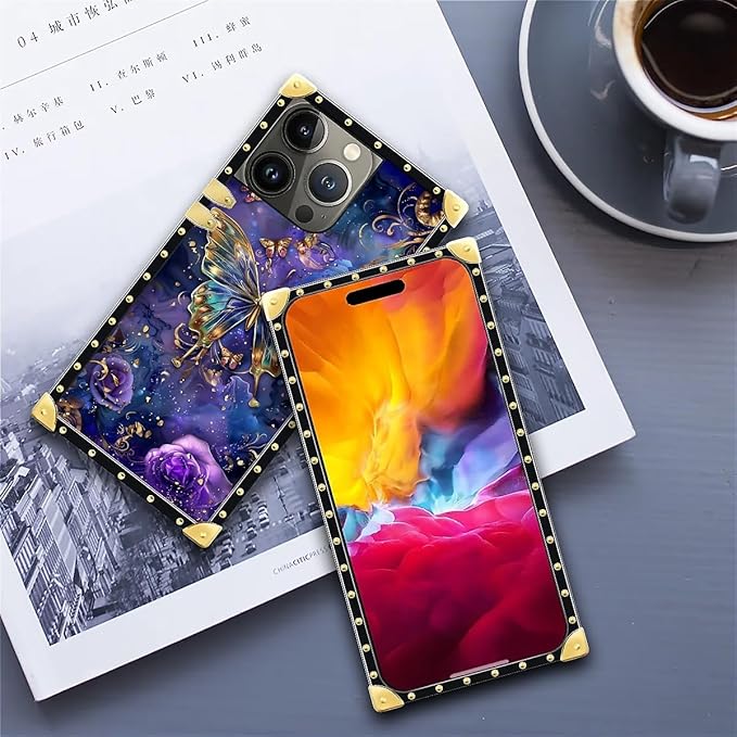 Compatible with iPhone 15 Pro Max Case, Glistening Golden Butterfly Vibrant Purple Blue Luxury Golden Decoration for Girl Women Soft TPU Shockproof Protective Hard PC Back
