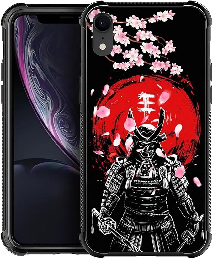 for iPhone XR Case, Sakura Japanese Samurai Pattern Graphic Design Girl Boy Soft Silicone Hard Acrylic Shock Protection for iPhone XR