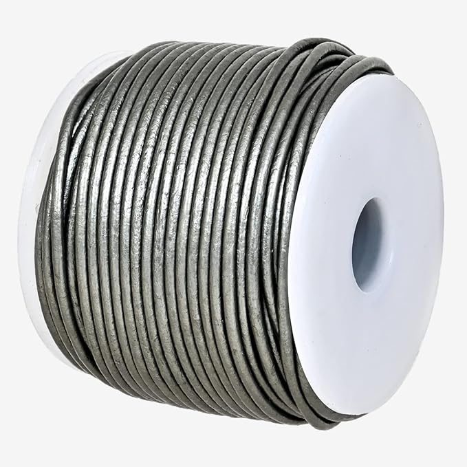 GENIQUE Real/Genuine Round Leather String Cord for Necklace, Bracelets, Jewelry, Kumihimo Braiding, DIY Projects (20 Metres) (1.5mm, Grey Metallic)