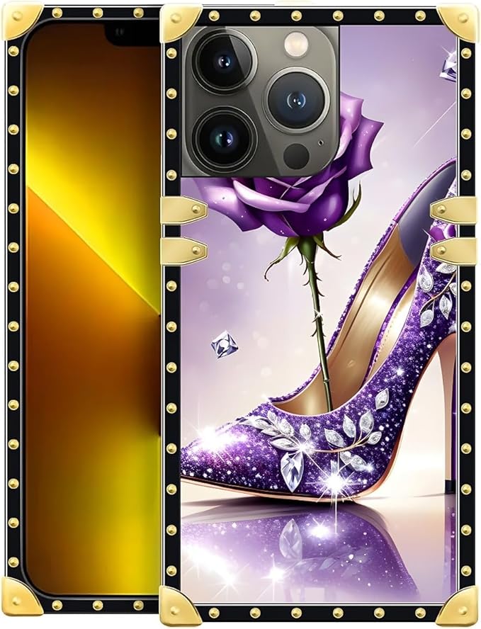 Compatible with iPhone 13 Pro Max Case, High Heeled Purple Diamond Rose Luxury Golden Decoration for Girl Women Soft TPU Shockproof Protective Hard PC Back for iPhone 13 Pro Max