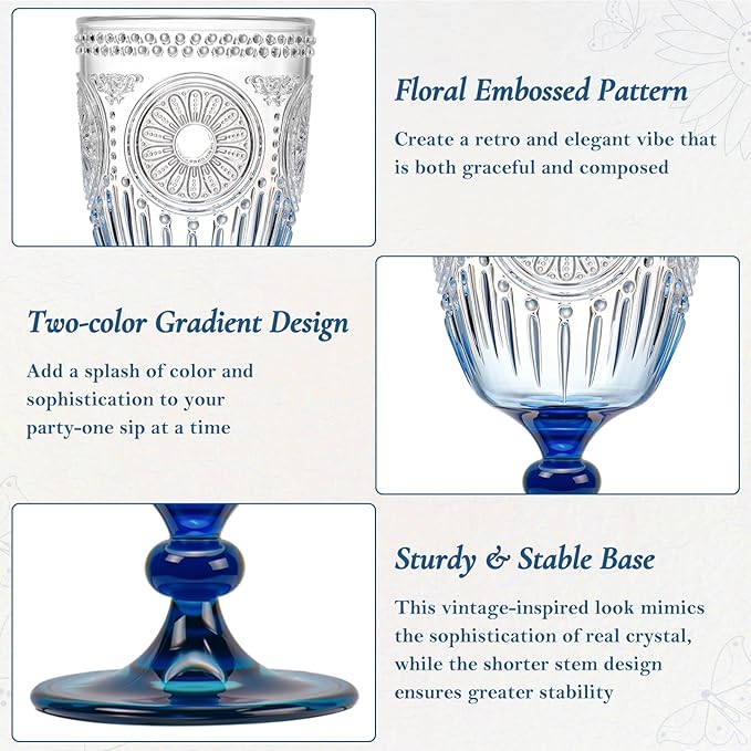 XUWAIDSGN 12Pcs Plastic Vintage Wine Glasses 13.5oz Reusable Embossed Goblet Glasses Blue Gradient Retro Wine Glassware Unbreakable Stemmed Champagne Water Cups for Wine Cocktail Juice Wedding
