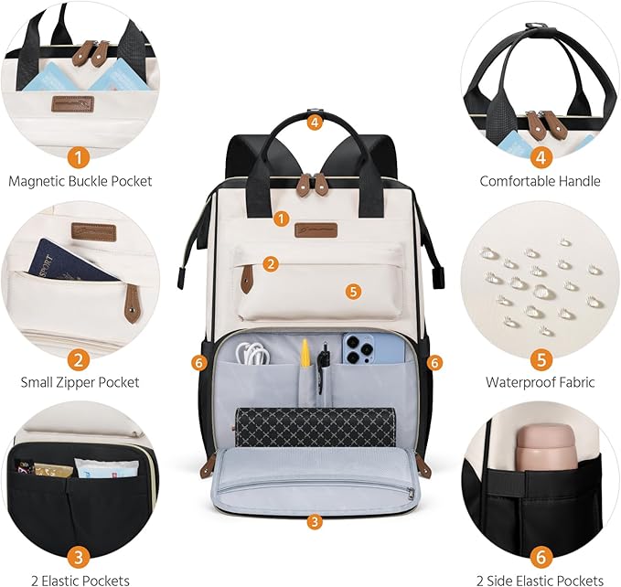 Maelstrom Laptop Backpack, Fits 15.6-17.3 Inch Travel Backpack Gift for Women Men, Waterproof College School Computer Bag, Anti-theft Business Work Bag with Luggage Strap (Black-Beige, 15.6 Inch)