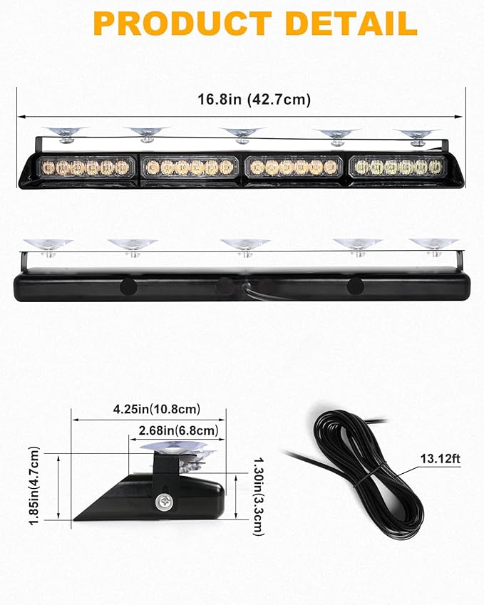 HLauto 6Z4J Emergency Dash Strobe Lights: 2x16.8 inch Blue Amber Safety Lights, 48 LED Flashing Warning Hazard Interior Windshield Visor Traffic Light Bar for Trucks, Construction Vehicles