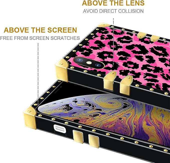 Compatible with iPhone XR Case, Pink Black Leopard Luxury Golden Decoration for Girl Women Soft TPU Shockproof Protective Hard PC Back for iPhone XR
