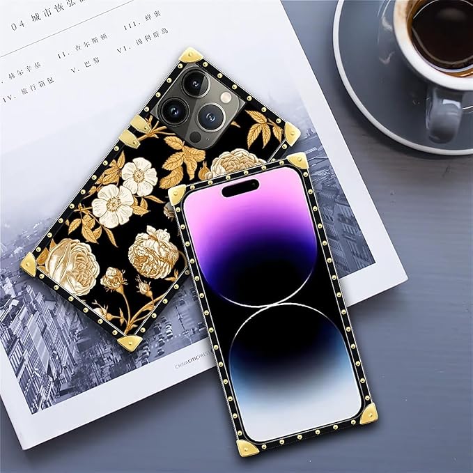 Compatible with iPhone 14 Pro Max Case, Blooming Rose Golden Flower Luxury Golden Decoration for Girl Women Soft TPU Shockproof Protective Hard PC Back for iPhone 14 Pro Max