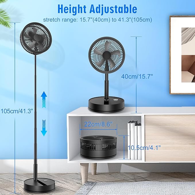 LIPETY Portable Foldable Rechargeable Oscillating Fan - 8.6" 7200mah Battery Operated USB C Small Fan Remote, Quiet Table Desk Fan Folding Standing Pedestal Fans for Bedroom Rome Office Camping Travel