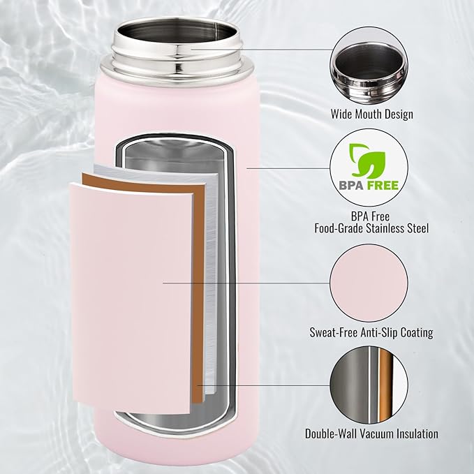 Fijinhom 24 oz Insulated Water Bottle with Handle, 304 Stainless Steel Water Bottles with Wide Mouth, Double Wall Vacuum Sports Water Bottle, BPA Free, Keep Cold and Hot, Pink