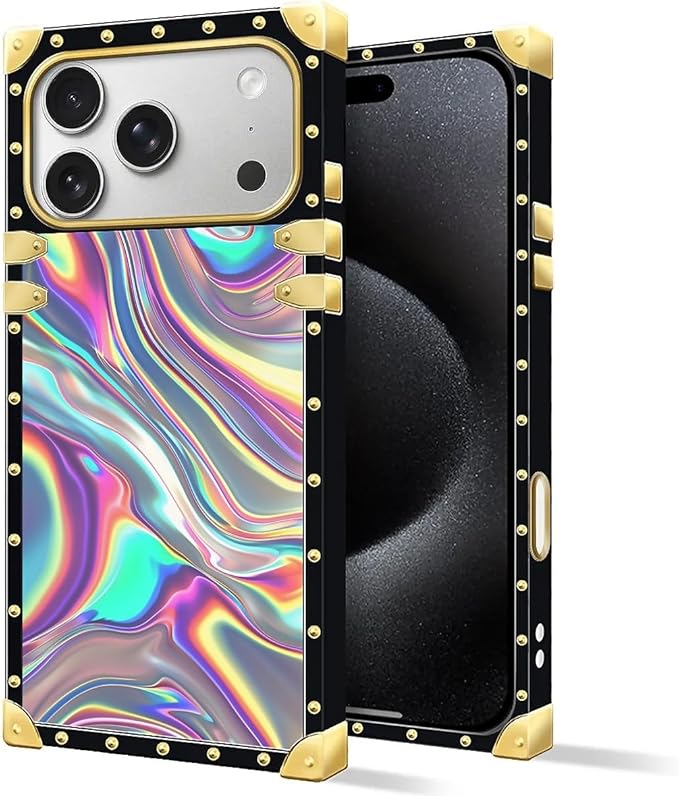 for iPhone 17 Pro Case Luxury Golden Decoration for Girl Women Soft TPU Shockproof Protective Hard PC Back for iPhone 17 Pro Crazy Pattern Holographic Abstract Iridescent Textures