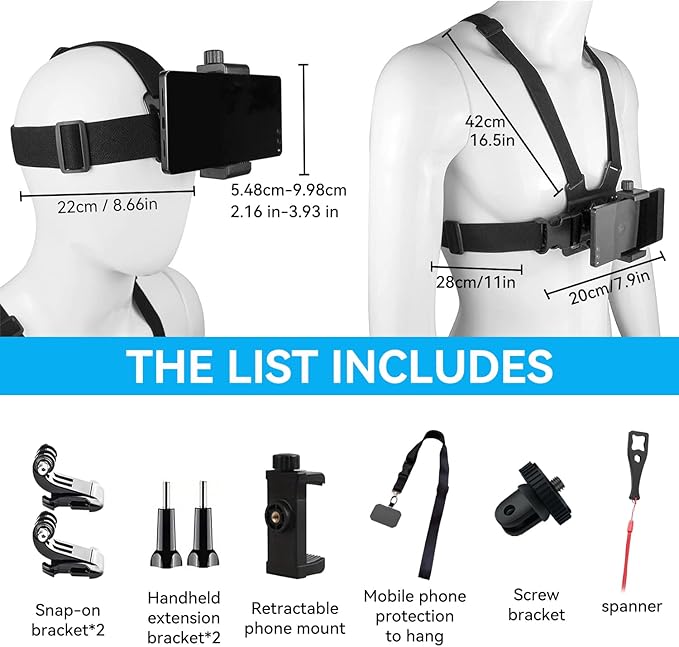 Mobile Phone Chest Strap Harness Mount Head Strap Holder Kit for VLOG/POV, Compatible with iPhone, Samsung, GoPro Hero 9, 8,7, 6, 5, 4, 3,2, 1, DJI Osmo,and Action Cameras