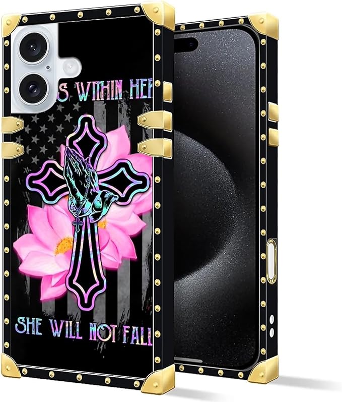 Compatible with iPhone 16 Plus Case, Praying Cross Hands Luxury Golden Decoration for Girl Women Soft TPU Shockproof Protective Hard PC Back for iPhone 16 Plus