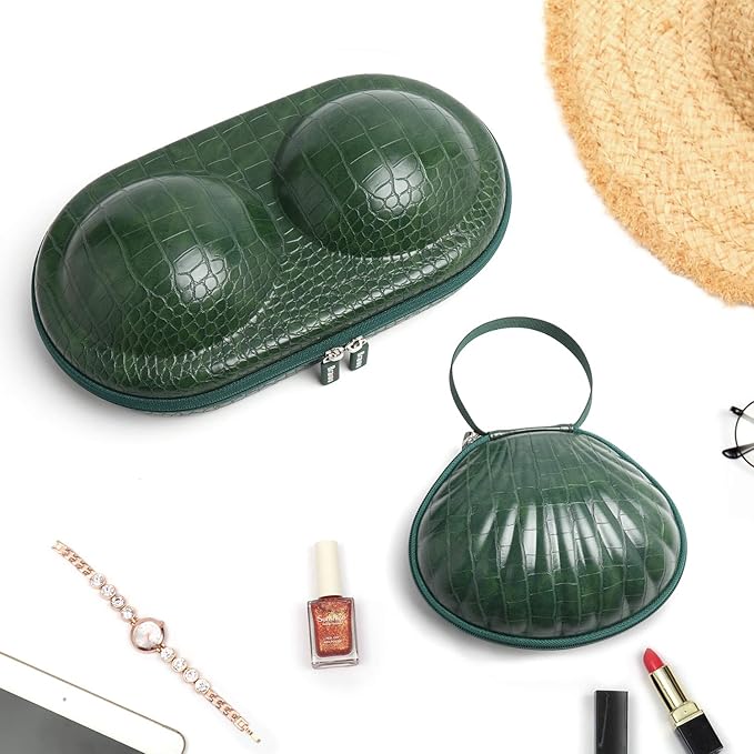 Hard Travel Case for Silicone Bras [A-C Cup] Premium Nubra Organizer Portable Lingerie Underwear Storage Bag (Crocodile, Green)