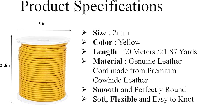 GENIQUE Real/Genuine Round Leather String Cord for Necklace, Bracelets, Jewellery, Braiding (Yellow, 2mm)