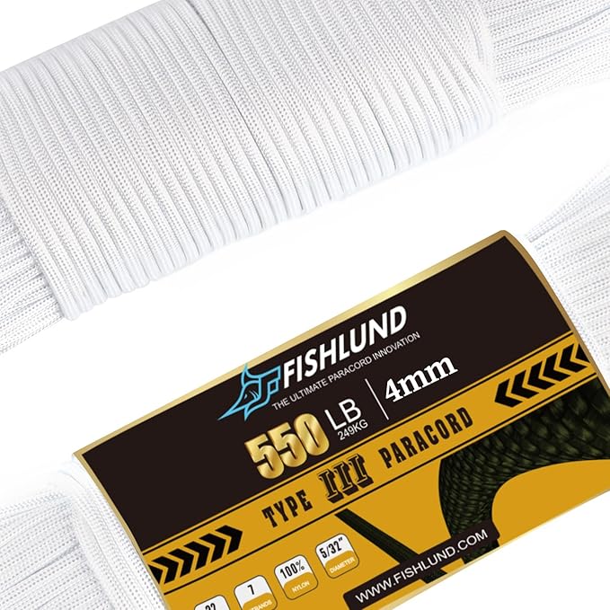 Paracord 550 lb, 7 Strand Paracord Rope 250ft 4mm, Nylon Parachute Cord for Camping, White
