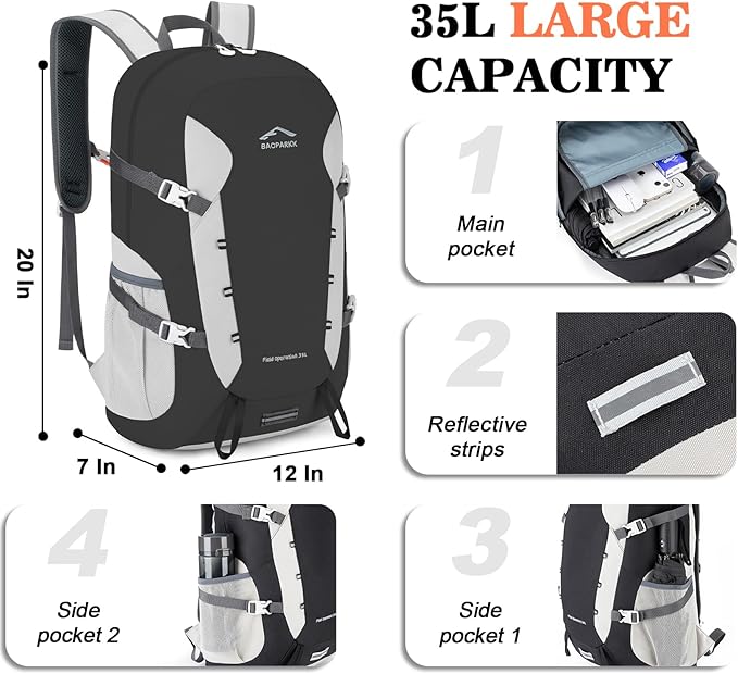 BAGPARKK Hiking Backpack,Large 35L Travel Backpacks for Men Women,Water Resistant Ultra Lightweight Foldable Packable Camping Daypack for Outdoor Sports