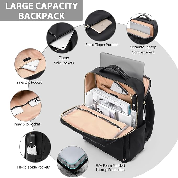 Laptop Backpack for Women, Work Business Traval Computer Backpacks with Laptop Compartment Waterproof Casual Daypack for Travel College,16Inch,Black
