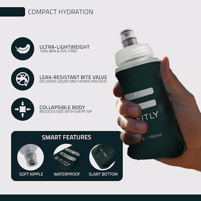 FITLY Soft Flask - Shrink As You Drink Soft Water Bottle for Hydration Pack - Folding Water Bottle Ideal for Running, Hiking, Cycling, Climbing & Rigorous Activity- 5 oz Petrol Blue
