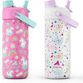 POWCAN 2 Pack 18 oz Kids Insulated Water Bottle for School: Leakproof, 2-in-1 Straw Spout Lid, BPA-Free, Keep Cold 24 Hrs, Stainless Steel Cup for Sports, Travel, Gift for Girls Boys Daughters Sons