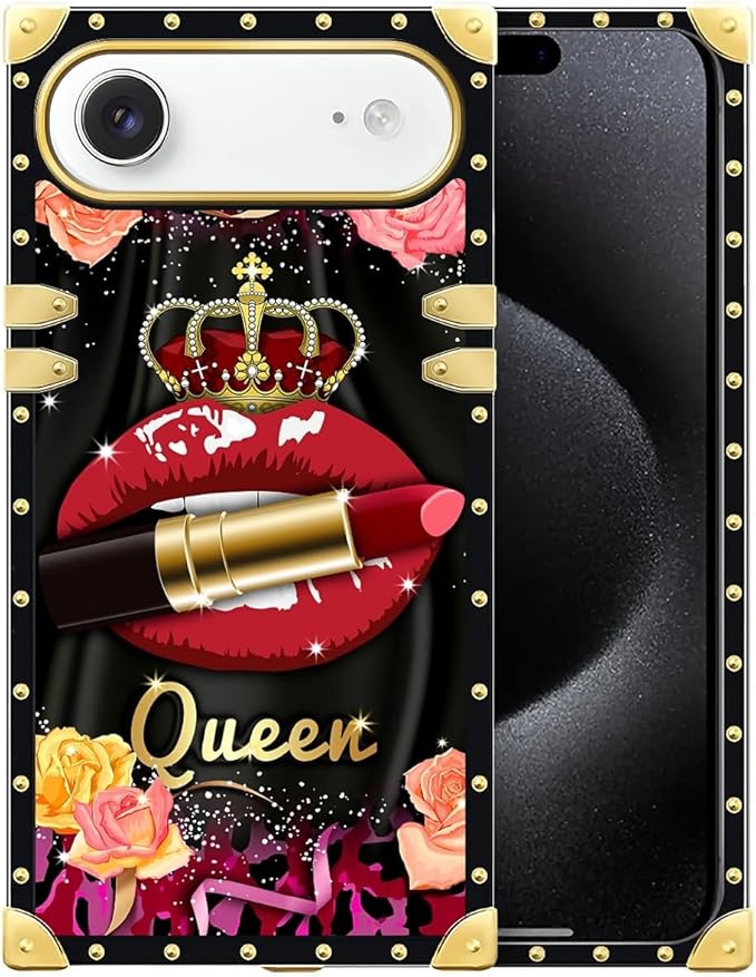 for iPhone 17 Air Case Luxury Golden Decoration for Girl Women Soft TPU Shockproof Protective Hard PC Back for iPhone 17 Air Crazy Pattern Queen Lip Crown Leopard Print
