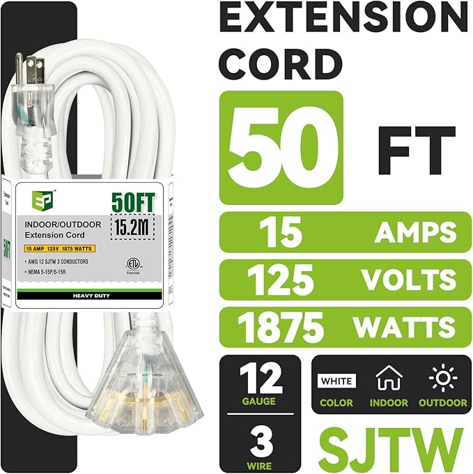 EP 50FT 12 Gauge Heavy Duty Extension Cord, 15A 125V 1875W, 3 Outlet Indoor/Outdoor Power Cord with Lighted End, 12/3 SJTW Weatherproof White, ETL Listed
