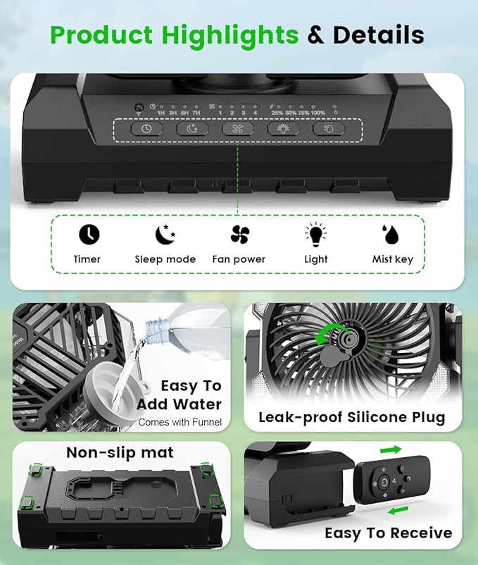 Camping Misting Fan - 24000mAh Portable Battery Powered Fans with 9oz Water Tank, Light, Hook - Rechargeable, 120H Cooling, Last 5H Mist, 4 Speed, Sleep Mode - Outdoor Gear, Travel Essentials