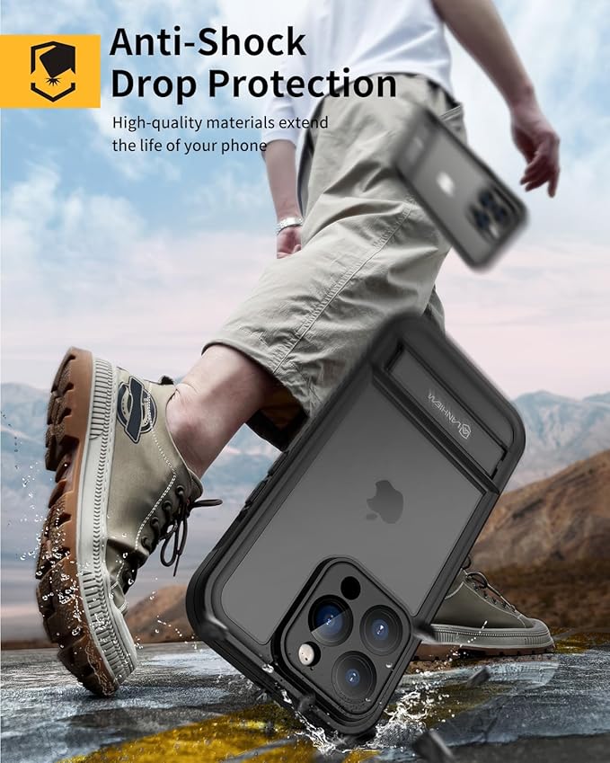 Lanhiem for iPhone 15 Pro Case with Kickstand, IP68 Waterproof Dustproof Case Built-in Screen Protector, Full Body Heavy Duty Shockproof Phone Cover for iPhone 15 Pro, 6.1 Inch (Black)