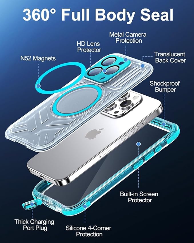for iPhone 15 Pro Max Waterproof Case with Magsafe, Built-in [Camera & Screen Protector] [Lanyard], IP68 Water Proof Full Body Dustproof Heavy Duty Frosted Protective Phone Cover, 6.7" Teal