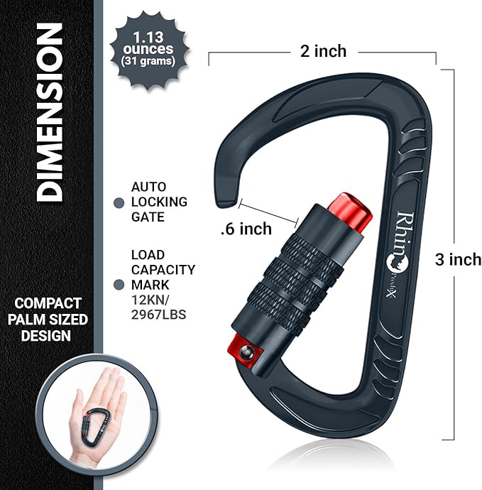 Rhino Produxs 12kN (2697 lbs) Heavy Duty Carabiner Clips, for Securing Pets, Outdoor, Camping, Hiking, Hammock, Dog Leash Harness, Keychains