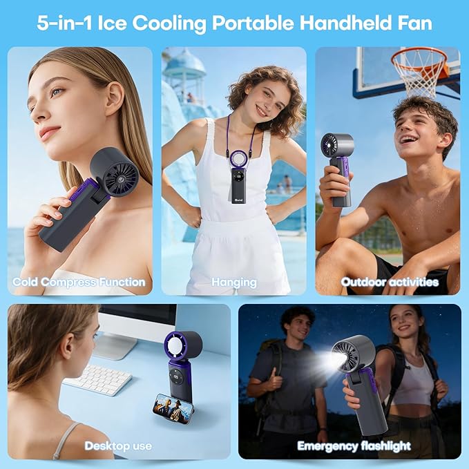 6000mAh Portable Handheld Fan with Ice Cooling, 199 Levels Stepless Speed, 20H Long Battery Life, 20000RPM Turbo Fan Rechargeable Personal Mini Fan for Travel, Outdoor, Makeup (Grey)