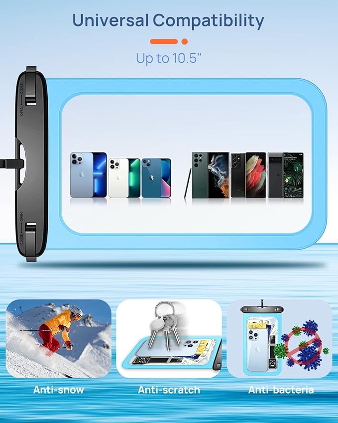 Lanhiem Large Waterproof Phone Pouch [Up to 10.5"] Universal IPX8 Waterproof Dry Bag with Lanyard for iPhone 17 Pro Max /16/15, S25 Ultra/ S24/ S23 Plus/FE, Moto G/Pixel 10 9 8 Pro, Black+Mint