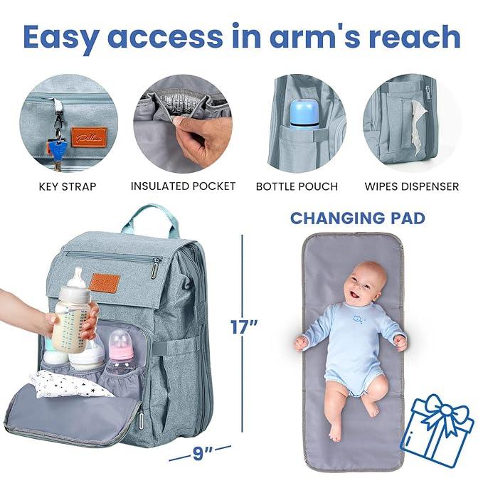 Baby Shower Gifts Diaper Bag Backpack - Large Capacity Baby Bag Backpack, Wide Opening & Easy Access Stylish Baby Diaper Bag - Waterproof, Durable, Travel-Friendly Organizer w/ Foldable Changing Pad