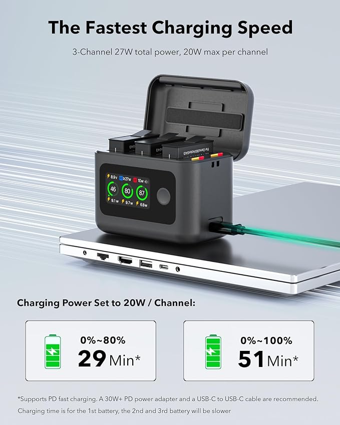2100mAh Battery and Charger for DJI Osmo 360 / Action 5 Pro/Action 6, Color LCD Intelligent Two Way Charger Hub Triple Slot 27W PD Fast Charging Case for Osmo 360 Action 5 Pro 6 4 3 Accessory