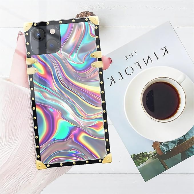 Compatible with iPhone 15 Case, Holographic Abstract Iridescent Textures Luxury Golden Decoration for Girl Women Soft TPU Shockproof Protective Hard PC Back for iPhone 15