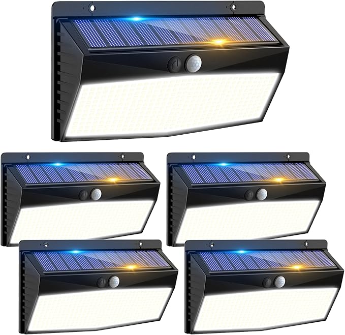 5 Pack 368 LED Solar Lights Outdoor Motion Sensor, Solar Fence Light with 3 Lighting Modes, Solar Powered Security Lights Waterproof for Outside Yard Wall Garden Backyard Step Garage