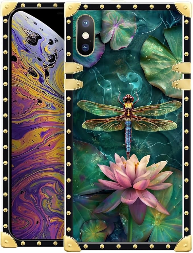 Compatible with iPhone XR Case, Colourful Dragonfly Pink Lily Pads Luxury Golden Decoration for Girl Women Soft TPU Shockproof Protective Hard PC Back for iPhone XR