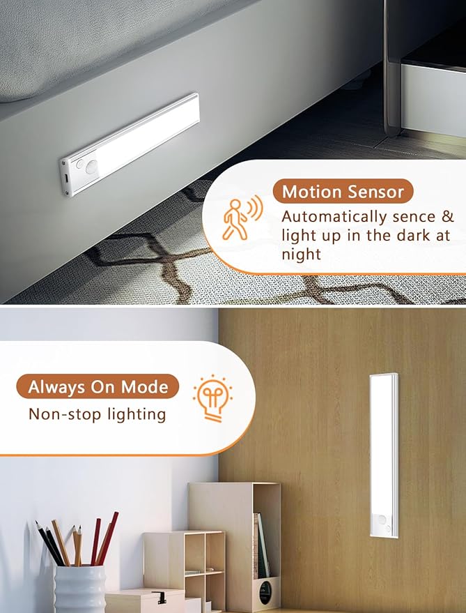 Under Cabinet Rechargeable Lighting: Motion Sensor Dimmable Lights Indoor - Battery Operated Lights - Wireless Activated Closet Light Magnetic Led Light for Kitchen Home Bathroom Counter 3 Pack