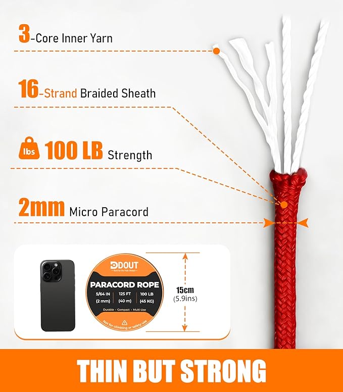 DDOUT 2mm Paracord 100lb, Thin Micro Paracord Rope, Red 125FT Nylon Cord for Crafting, DIY Projects, Fishing, Camping & Outdoor