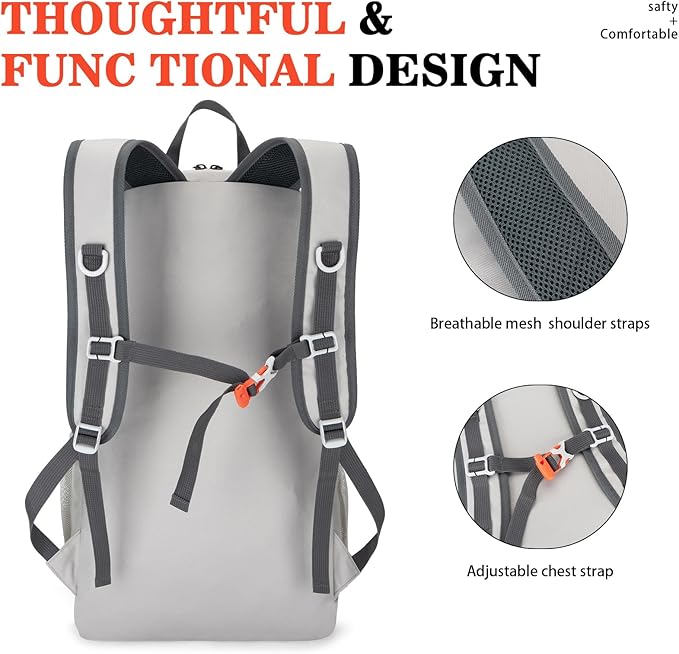 BAGPARKK Hiking Backpack,Large 35L Travel Backpacks for Men Women,Ultra Lightweight Packable Camping Daypack for Outdoor Sports (Light Gray)