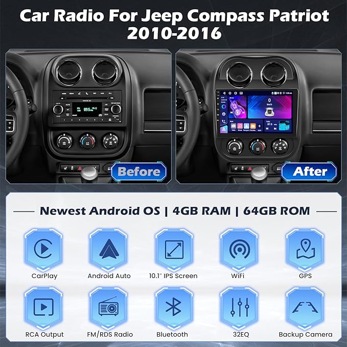 [DSP 4+64G] Android 15 Car Stereo for Jeep Compass Patriot 2010-2016, Hikity 10'' IPS Touchscreen Patriot Radio Wireless Carplay Android Auto Bluetooth GPS WiFi SWC FM/RDS/32EQ Backup Cam+1280P