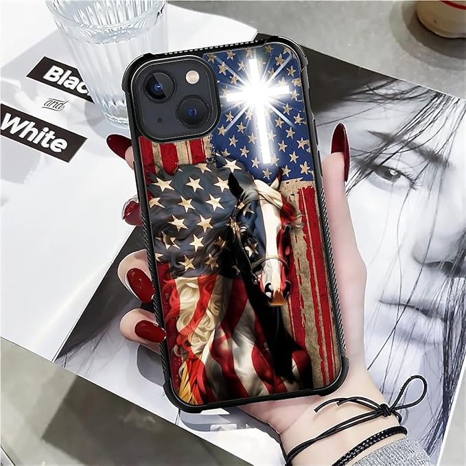 for iPhone 15 Plus Case, Red American Flag Horse Cross Pattern Made of Soft Silicone Hard Acrylic Shock Protection for iPhone 15 Plus