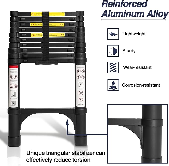 BOCOM 10.5 FT Aluminum Telescoping Ladder, Lightweight Multi-Purpose Collapsible Extension with 2 Triangle Stabilizers, Heavy Duty 330 lbs Max Capacity, Ideal for Home, RV, and Outdoor Work Black