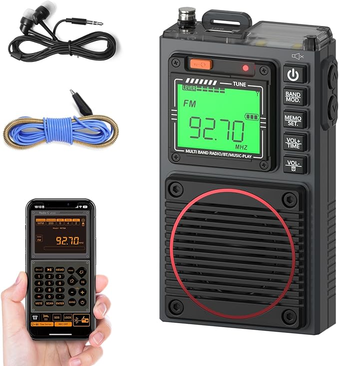 Raddy RF75A APP Control Shortwave Radio, Portable AM/FM/VHF/SW/WB Weather Radio, Pocket Radio Rechargeable w/ 9.85 Ft Wire Antenna