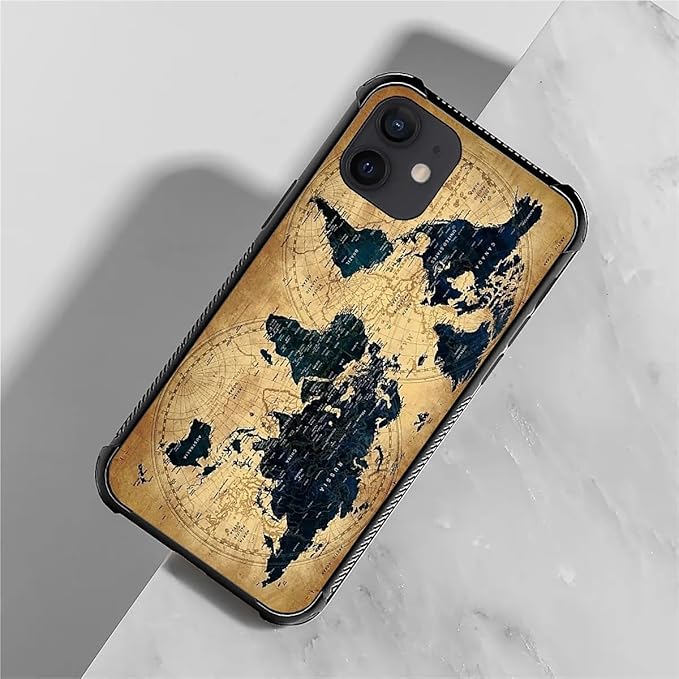 for iPhone 12/12 Pro Case, Brown World Map Pattern Graphic Design Girl Boy Soft Silicone Hard Acrylic Shock Protection for iPhone 12/12 Pro