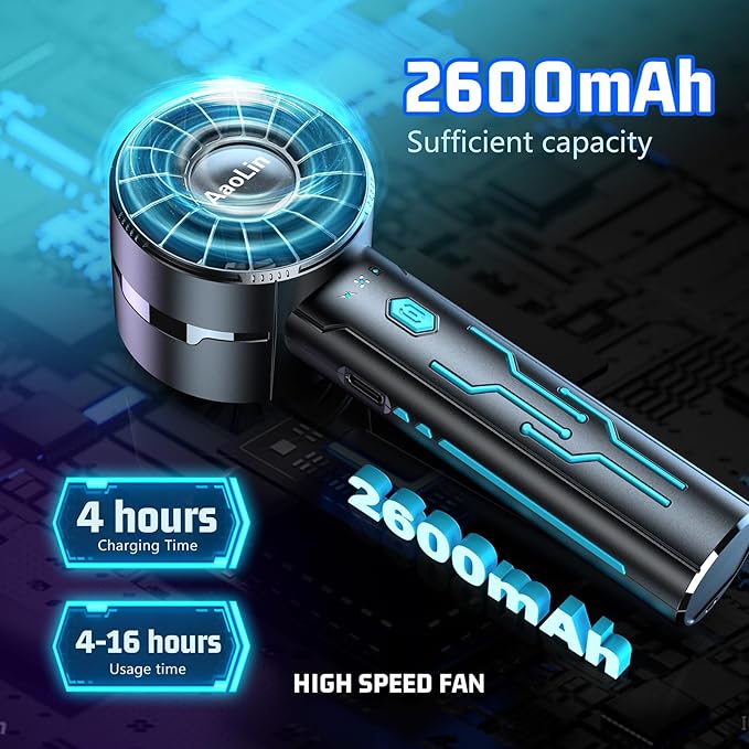 AaoLin 2pcs Portable Handheld Turbo Fan with 7000rpm High-Speed Motor USB Rechargeable Cooling Personal Fan 4-Speed, 4-16H Runtime, with Lanyard for Outdoor Travel, Women, Kids, Summer Gift