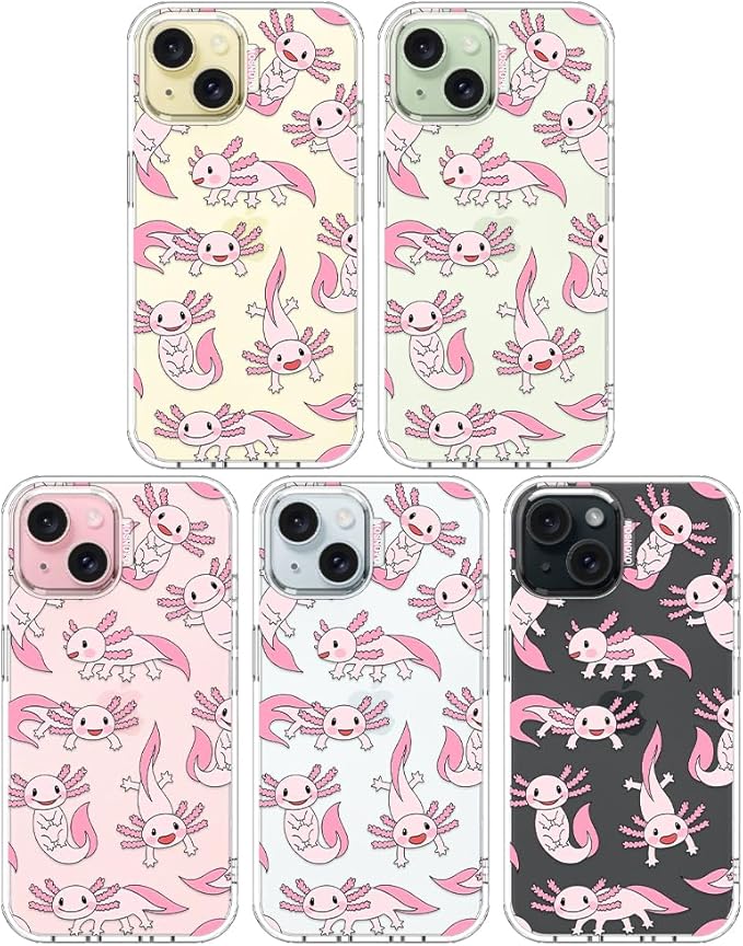 MOSNOVO Case for iPhone 15, [Buffertech 6.6ft Military-Grade Drop Protection] [Anti Peel Off Tech] Clear TPU Bumper Phone Case Cover Design - Pink Axolotl
