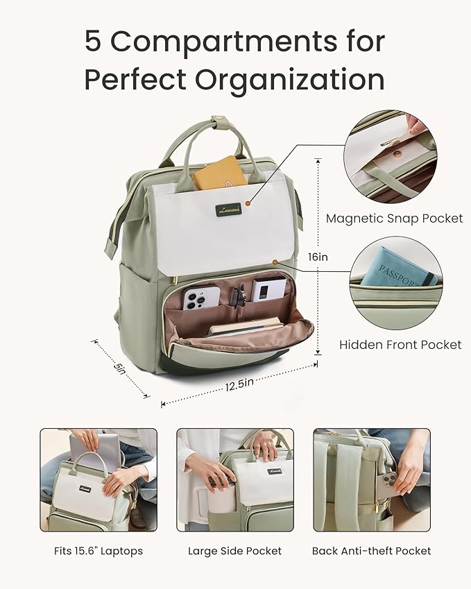 LOVEVOOK Laptop Backpack for Women with Giant Tumbler Holder Pocket, 15.6 inch Travel Work Backpack Purse for Nurse Teacher, Waterproof School Bag College Bookbag Cute Casual Daypack for Girls Green